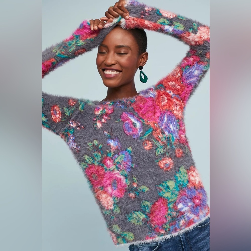 Anthropologie Meadow Rue Floral Fuzzy Knit Sweater in Gray and Multicolor